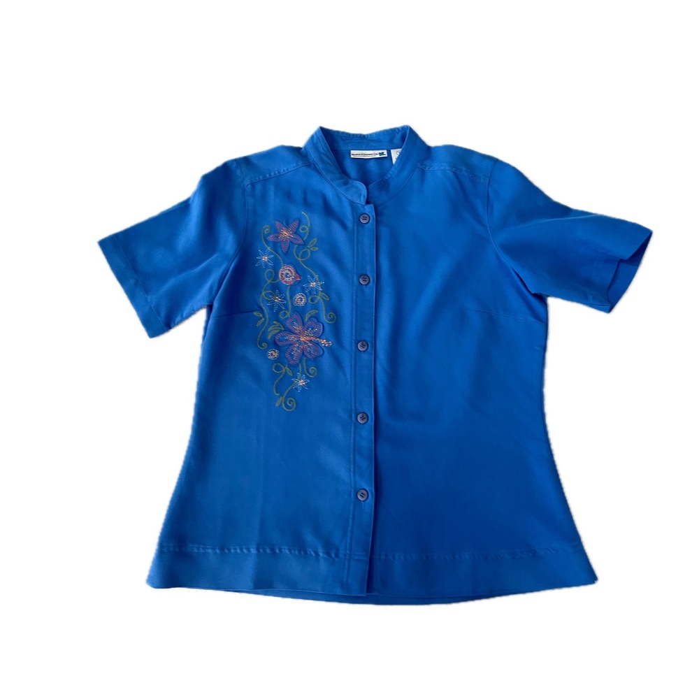 Vintage Blue Floral Embroidered Mandarin Collar Button Up Cottagecore Top Large